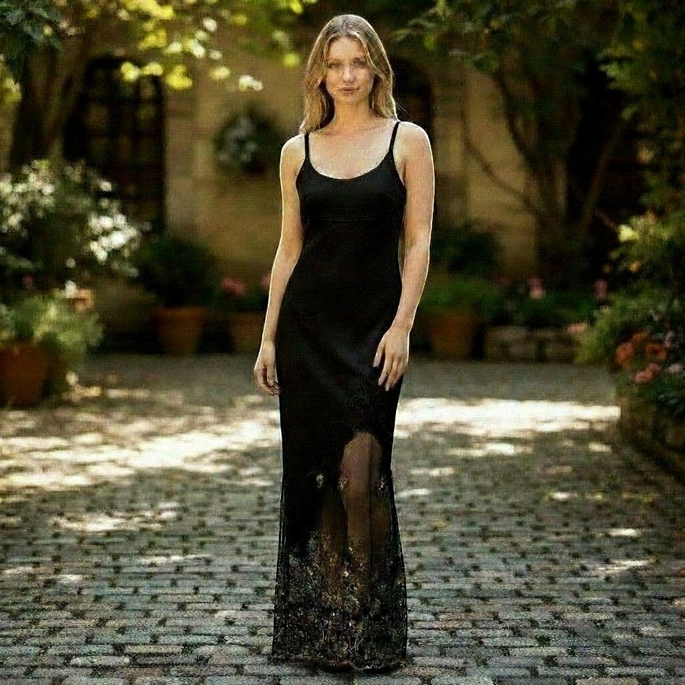 Nicole Bakti Black Evening Gown Gold Floral Mesh Hem Low Back Dress Vintage L
